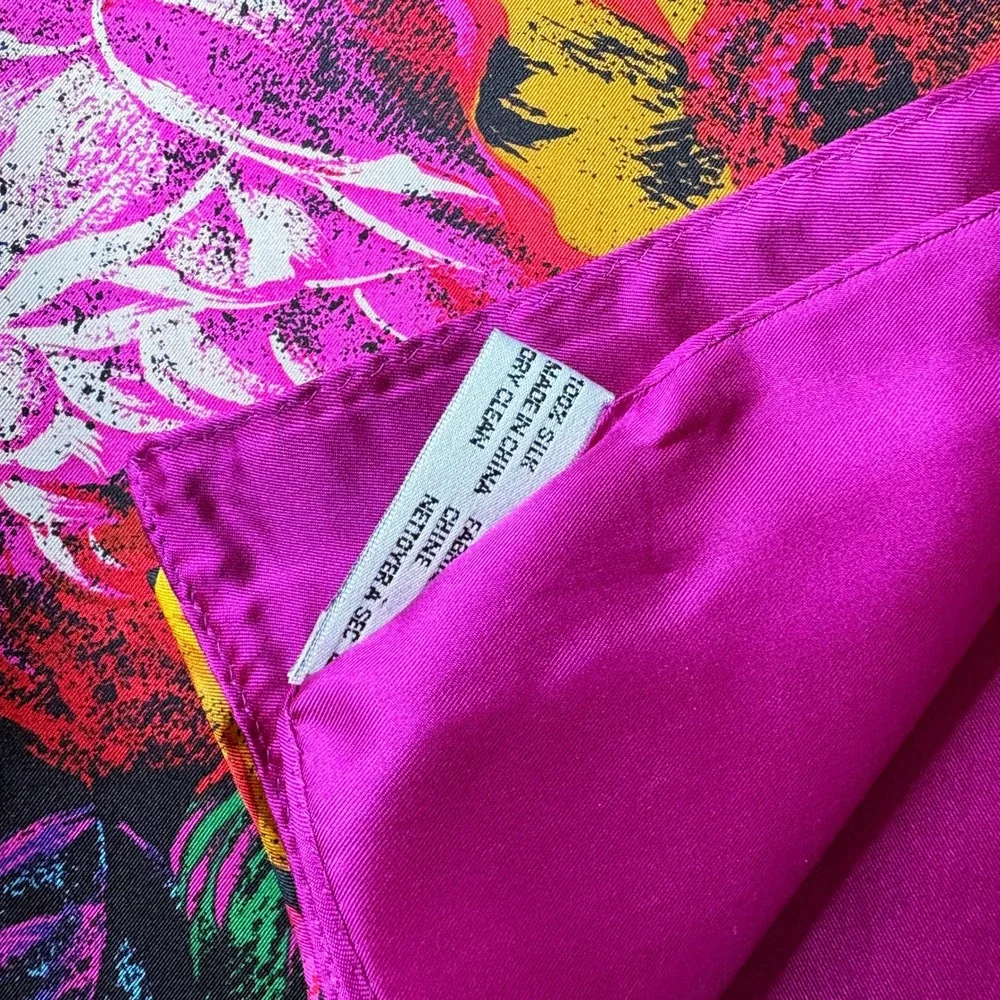 JH Collectibles Silk Scarf Vintage Floral‎ Fuchsia Black Square 34x34 Large